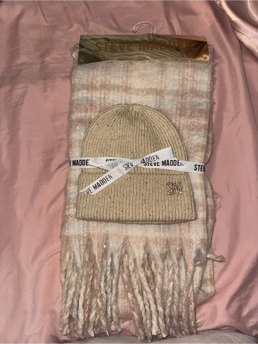 Steve Madden Neutral Knit Beanie and Plaid Fringe Scarf Set